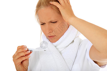 女人感觉不舒服发烧医疗长发流感女士体温计温度白色金发图片