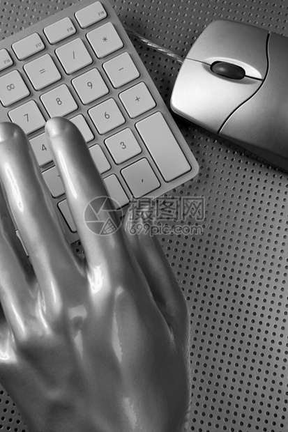 计算机键盘鼠标银手未来电脑工作桌面硬件艺术互联网办公室数据老鼠宏观图片