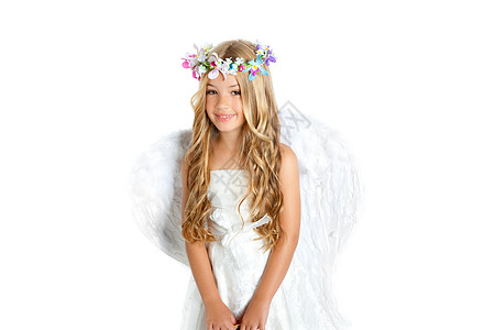 有着翅膀和孩子的天使小女孩花冠头发幸福女性童年女孩戏服快乐花朵裙子工作室图片