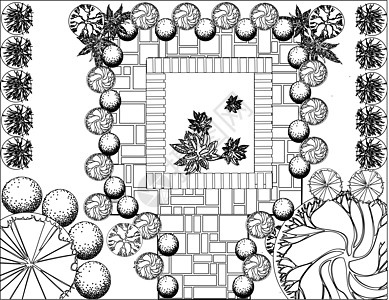 园圃的黑白石头水池园艺草地团体园林绘画插图绿化花园图片