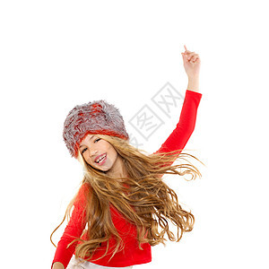带着红衬衫和毛帽的冬舞微笑孩子快乐毛皮手势衣服女儿金发女孩幸福图片