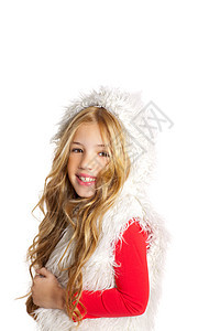 带着圣诞节冬冬白色毛皮的小女孩金发童年幸福快乐工作室孩子季节女儿头发女性图片