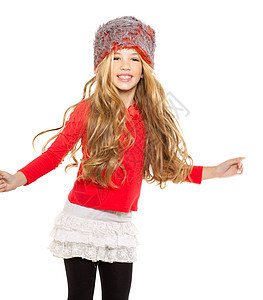 带着红衬衫和毛帽的冬舞季节头发金发微笑手势女性帽子女孩女儿衣服图片