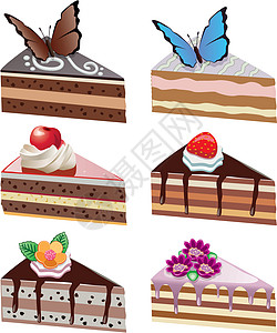 含有水果 巧克力 蝴蝶和卷流的矢量蛋糕切片图片