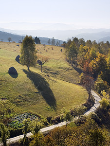 美丽的秋冬山村庄植物天线太阳森林植物群山脉叶子爬坡高地图片