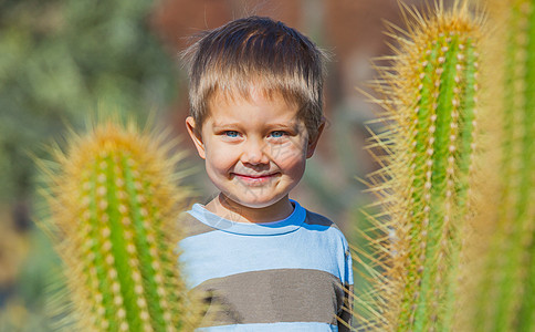 有仙人掌的男孩闲暇手指植物笑脸喜悦乐趣公园眼睛活动鼻子图片