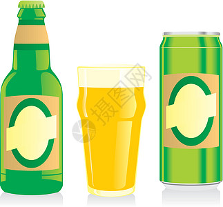 孤立的金发啤酒瓶 玻璃和装有标签的罐头图片