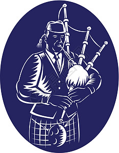 苏格兰高地弹奏苏格兰大高地风笛手木刻插图男性风笛玩家高地插画