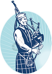 苏格兰高地弹奏苏格兰大高地风笛手玩家风笛高地男性管道木刻插图插画