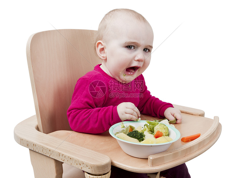 以高椅子吃饭的幼儿土豆小菜辅食营养品木头红色高脚椅蔬菜白色木材图片