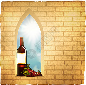 弧窗口中的葡萄酒瓶图片