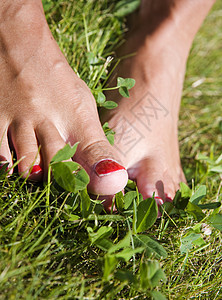 脚在草丛中虚荣选择性化妆品呵护皮肤白色指甲油奢华个性焦点背景图片