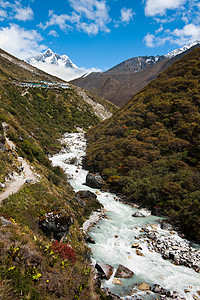 喜马拉雅地貌 山峰 河流和高原村庄图片