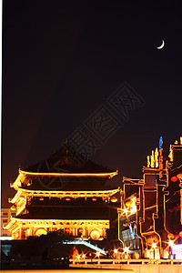 夜里鼓塔 中国习安帝国文化历史纪念碑建筑宝塔月亮月光旅行寺庙图片