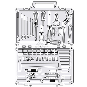 框中不同工具的矢量组维修螺丝刀盒子力量插图滚筒刀刃艺术工作构造图片