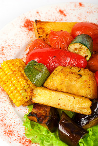 夏手绘烧烤蔬菜油炸小吃午餐食物美食盘子营养壁球菠萝香菜背景