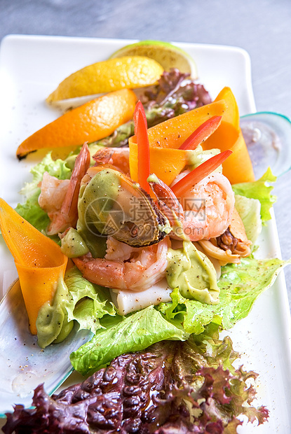 海食沙拉菜盘宏观沙拉螃蟹牡蛎食物青菜午餐营养美食海鲜图片