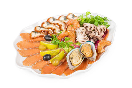 整套海食食品胡椒贝类午餐美食沙拉青菜海鲜盘子螃蟹食物图片