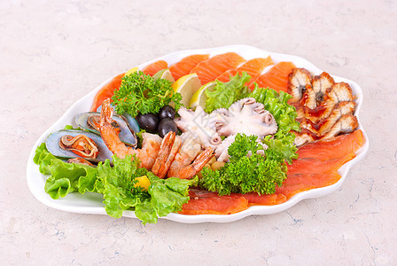 海食沙拉胡椒对虾美食小吃乌贼食物营养贝类午餐盘子图片