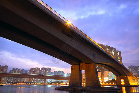 日落时桥美丽橙子场景景观波浪城市运输电缆反射建筑图片