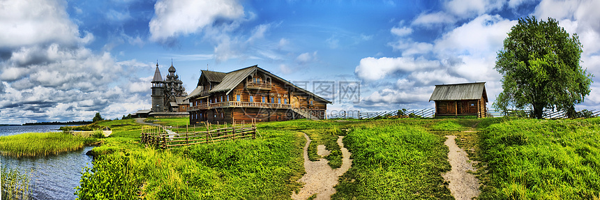 俄罗斯古建筑的木结构建筑旅游天空全景木头合奏教会天炉博物馆艺术房子图片