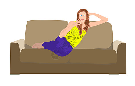 女人在沙发上休息头发棕色折叠白色外套眼睛女孩女性黑发女士图片