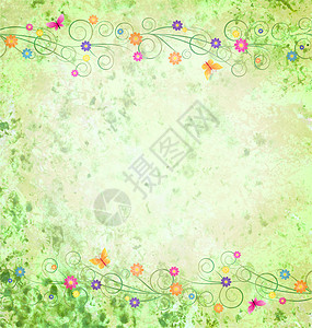 带有花花边框的绿色纹纸背景插图花瓣艺术邀请函卡片花园植物群花束叶子剪贴簿图片
