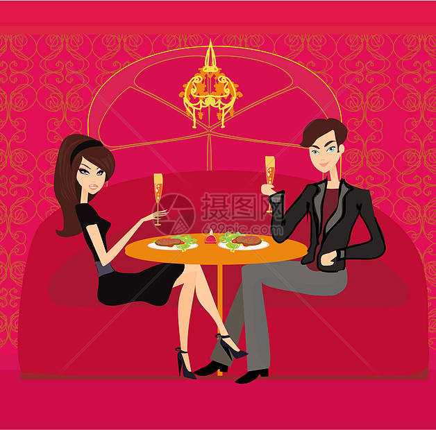年轻夫妇调情和喝香槟夫妻餐厅桌子蓝色念日咖啡店女性情人男人艺术图片