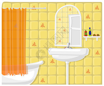 浴室矢量插图房子浴缸水平绿色反射窗帘淋浴白色房间入口图片