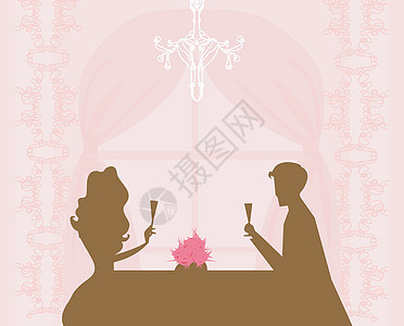 年轻夫妇调情和喝香槟订婚夹子阴影男人晚餐女士女性窗户干杯玻璃图片