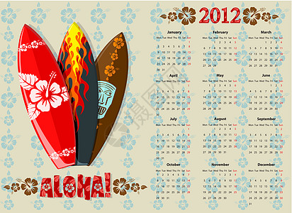 2012年矢量Aloha日历 带有冲浪板木槿草裙旅游风格冲浪游泳热带旅行议程插图图片