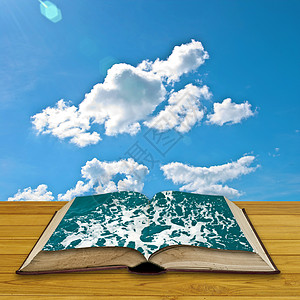 向海洋开放书书架桌子海浪地面蓝天图书泡沫知识气泡娱乐图片