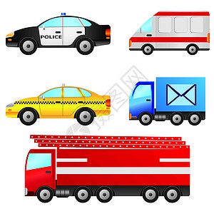 一套汽车卡车情况安全黄色货车救护车邮政交通消防车民众背景图片