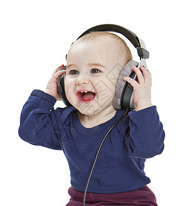 听音乐的有耳机的幼儿唱歌手机儿童青春期立体声蓝色音乐白色孩子们不满图片