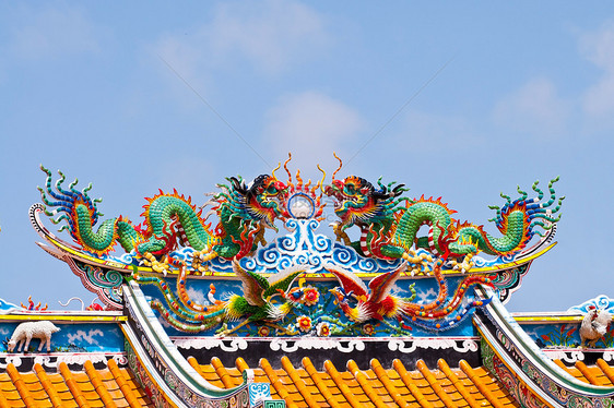 中华庙的中国传统龙头神话宗教绿色白色传奇工匠精神双胞胎图片