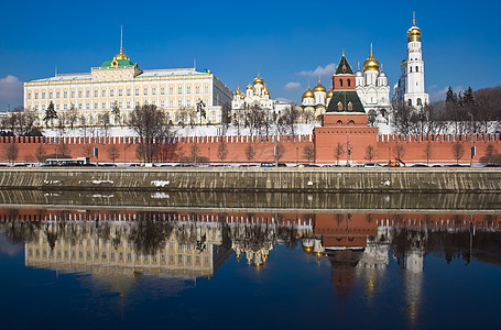 莫斯科旅游建筑首都大天使博物馆蓝色大教堂中心金子天空图片