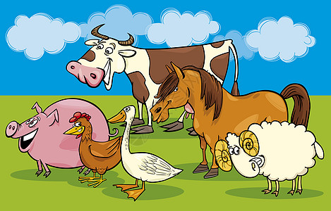 一群漫画农场动物羊毛家禽场地国家公鸡哺乳动物小马插图尾巴牧场图片