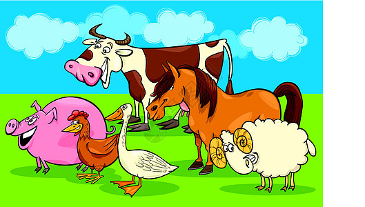 一群漫画农场动物小猪羊肉绘画喇叭插图尾巴船首哺乳动物羊毛牧场图片