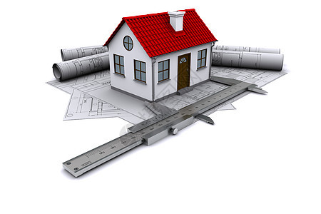 建筑图纸 带有红色屋顶和卡路里的家庭模型的构成 3D投影图片