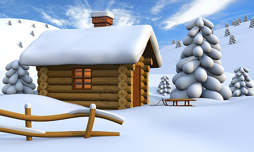 原木机舱窝棚庇护所插图雪橇风景季节性木屋丘陵小屋树木图片