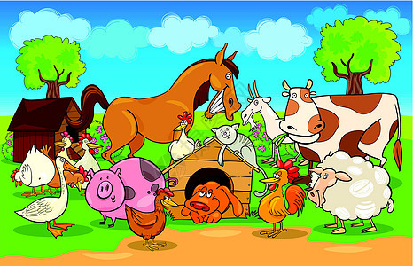 与农畜一起在农村演唱卡通漫画牧场小屋卡通片草地羊肉公鸡喇叭国家山羊小马图片