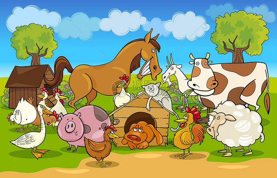 与农畜一起在农村演唱卡通漫画卡通片农场小屋家禽国家小马喇叭艺术夹子村庄图片