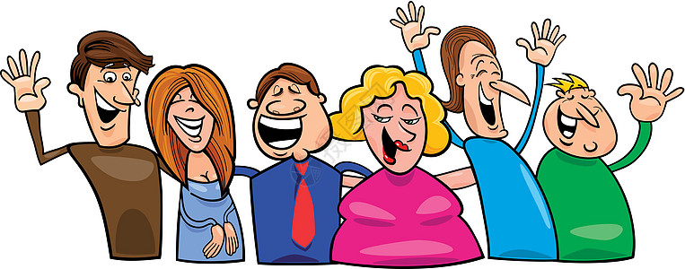 幸福的人群团体微笑女士漫画乐趣卡通片朋友男人插图绘画图片
