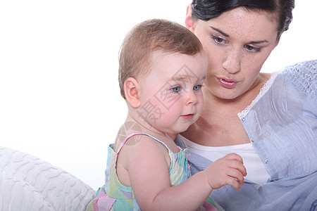 母亲和她的女婴蓝色裙子母性婴儿妈妈父母护理连衣裙女孩个人图片