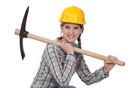 一位女性建筑工人 手拿皮克斯金发女士建造建筑职业姿势帽子衬衫安全帽编织图片