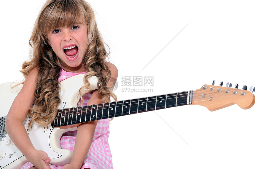 配吉他的女孩音乐玫瑰衣服尖叫享受金发女郎头发绘画姿势卷曲图片