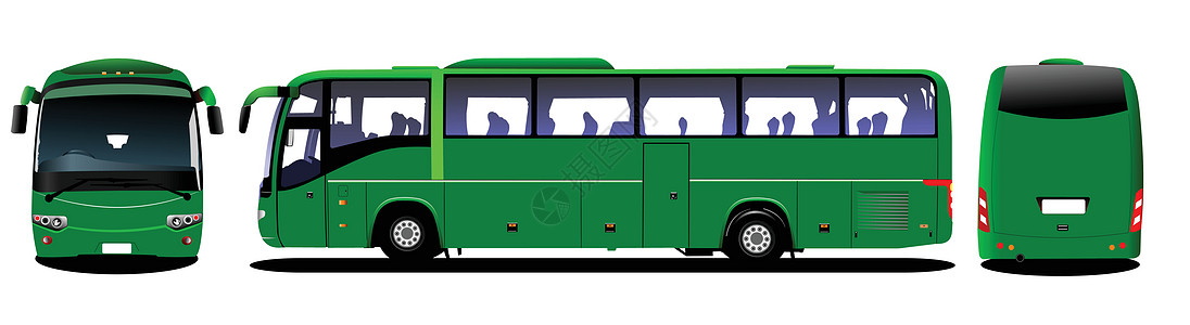 旅游路线城市公共汽车 旅游教练 前 后 侧视图 矢量插图插画