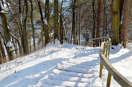 冬季在陡峭的山坡上用扶手扶起木雪花橡树楼梯图片