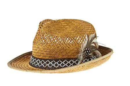 美丽的传统巴拿马帽 羽毛装饰孤立纪念品丝带帽子乐队戏服黑色边缘文化派对柳条图片