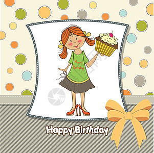 与女孩和大纸杯蛋糕的贺卡蛋糕蜂蜜风格艺术装饰食物奶油面包生日插图图片